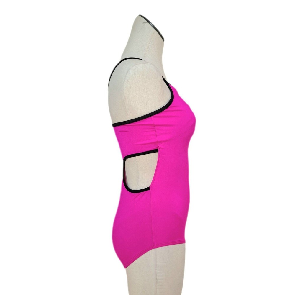 Aja VTG Hot Pink Side Cutout Keyhole Crossback Dance Leotard Built-in Bra Sz AM - Picture 6 of 16